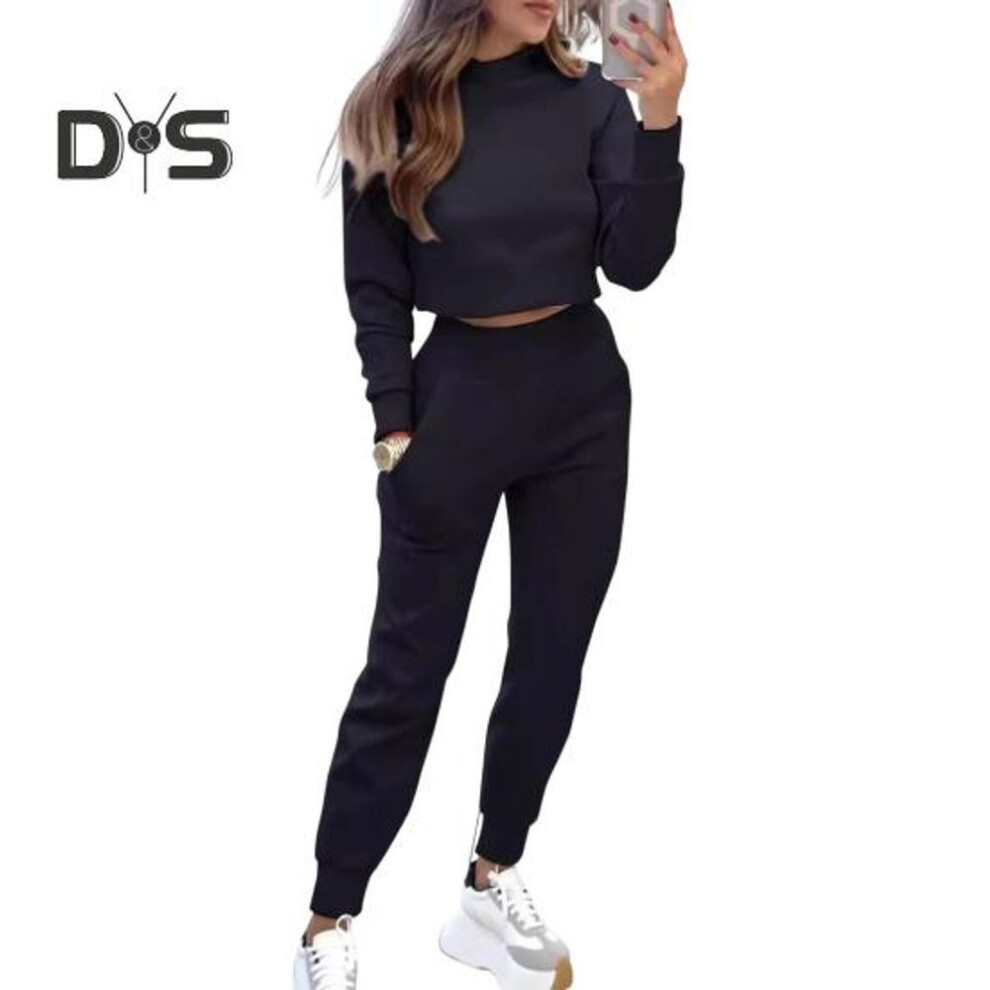 (black, M) 2 Pcs/set Women Top Pants Set High Collar Long Sleeves Slim Fit Sweatshirt Elastic High Waist Sweatpants Sport Outfit Autumn Casual Tracksuit