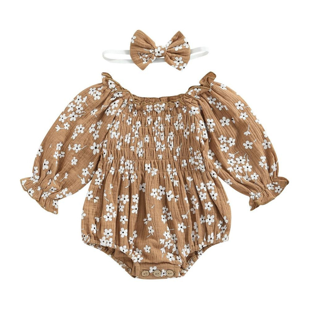 (brown, 0-6 Months) Newborn Girl Romper Outfits, Long Sleeve Floral Printed Pleated Romper + Cute Bow-Knot Headband Set
