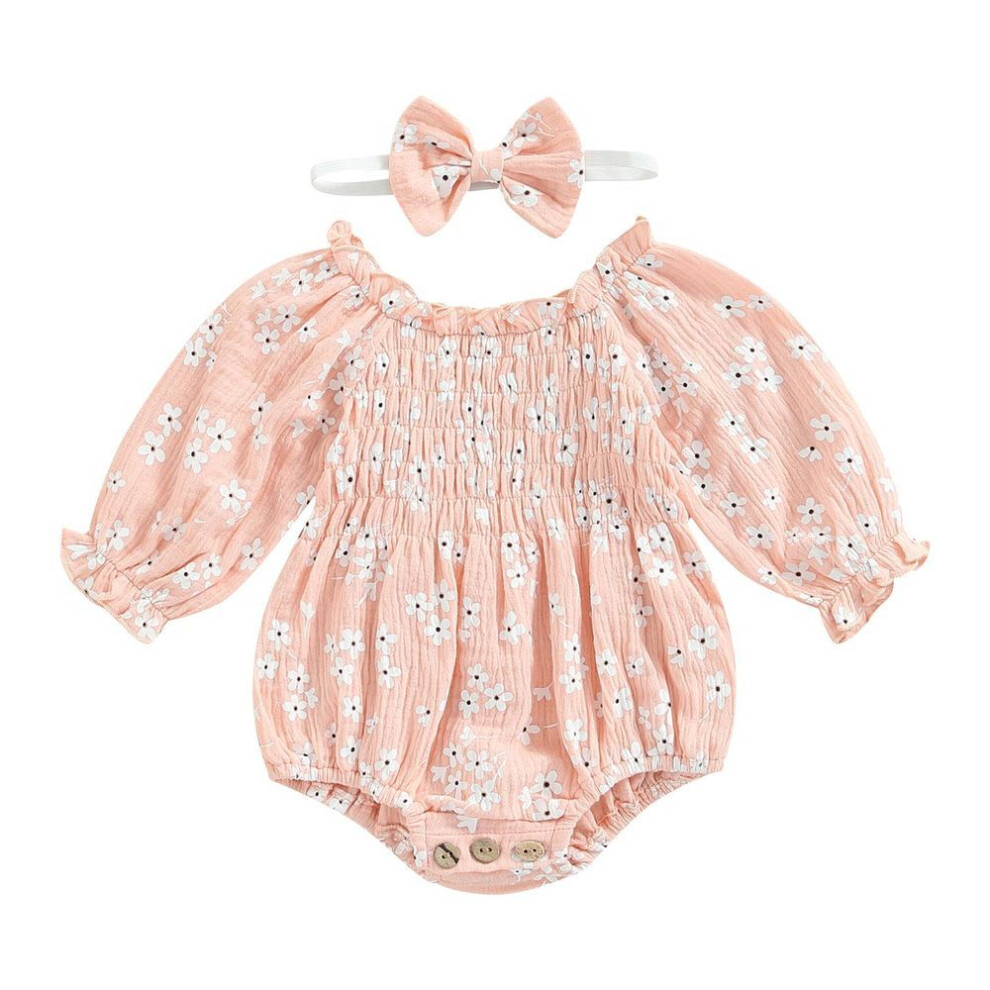 (pink, 0-6 Months) Newborn Girl Romper Outfits, Long Sleeve Floral Printed Pleated Romper + Cute Bow-Knot Headband Set