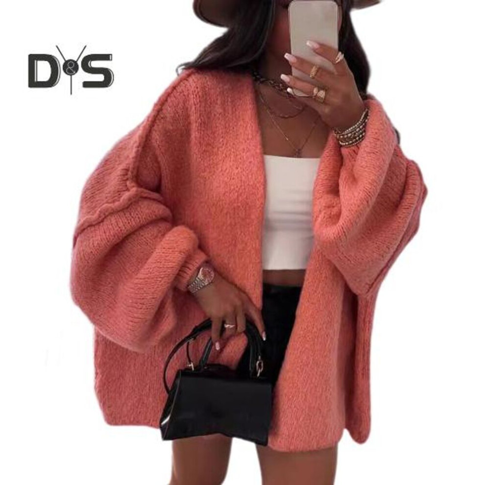 (L, dark orange) Women Cardigan Sweater Lantern Long Sleeve Solid Color Oversized Knitted Cardigan Open Front Lightweight Sweater Outwear