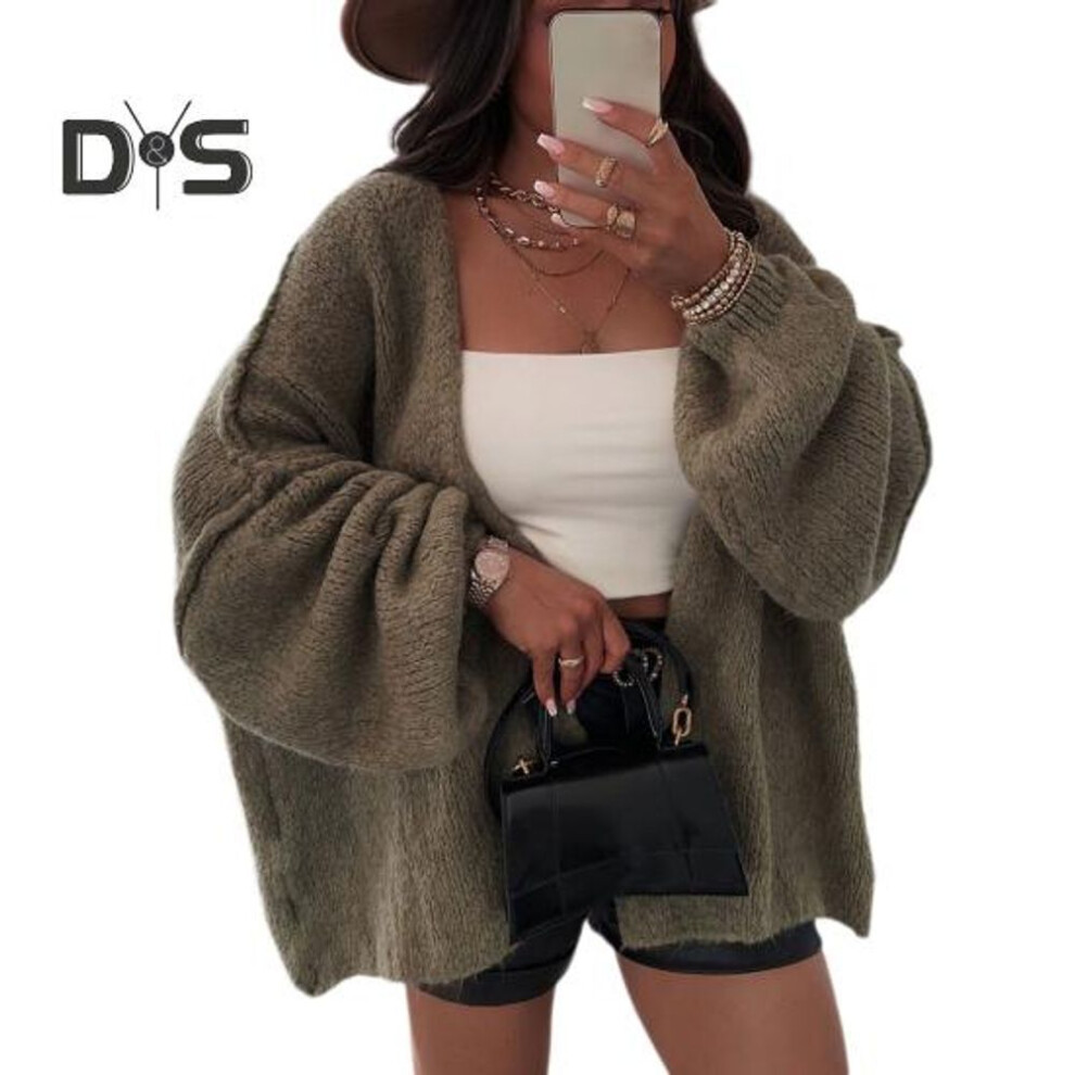 (S, green) Women Cardigan Sweater Lantern Long Sleeve Solid Color Oversized Knitted Cardigan Open Front Lightweight Sweater Outwear