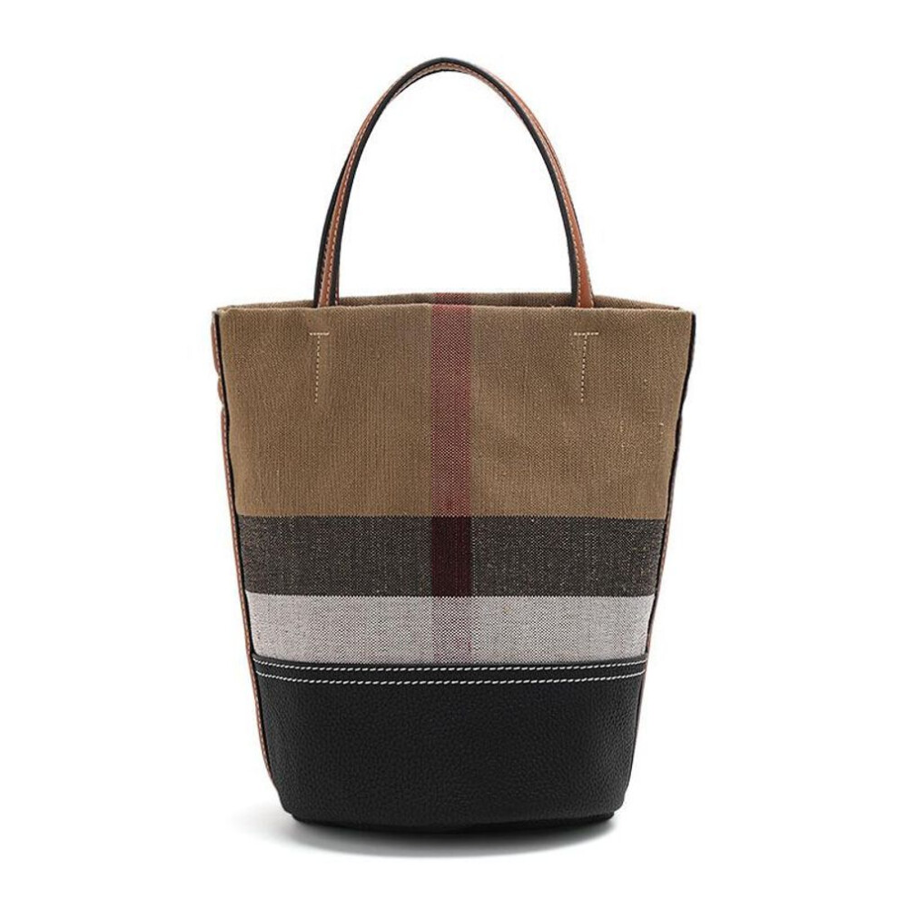 High-end Canvas Hand-held Bucket Bag with Cowhide Women's Bag New Korean Style Check Color-blocking Crossbody Bag