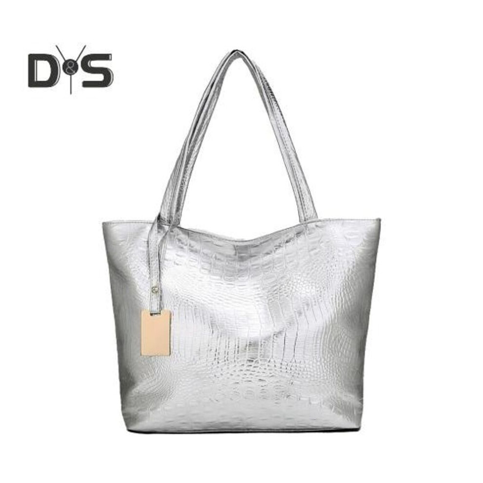 (silver) Women Shoulder Bag Large Capacity Glossy Faux Leather with Pendant Zipper Closure Pure Color Great Load Capacity OL Commuting Dating Travel Sling Bag