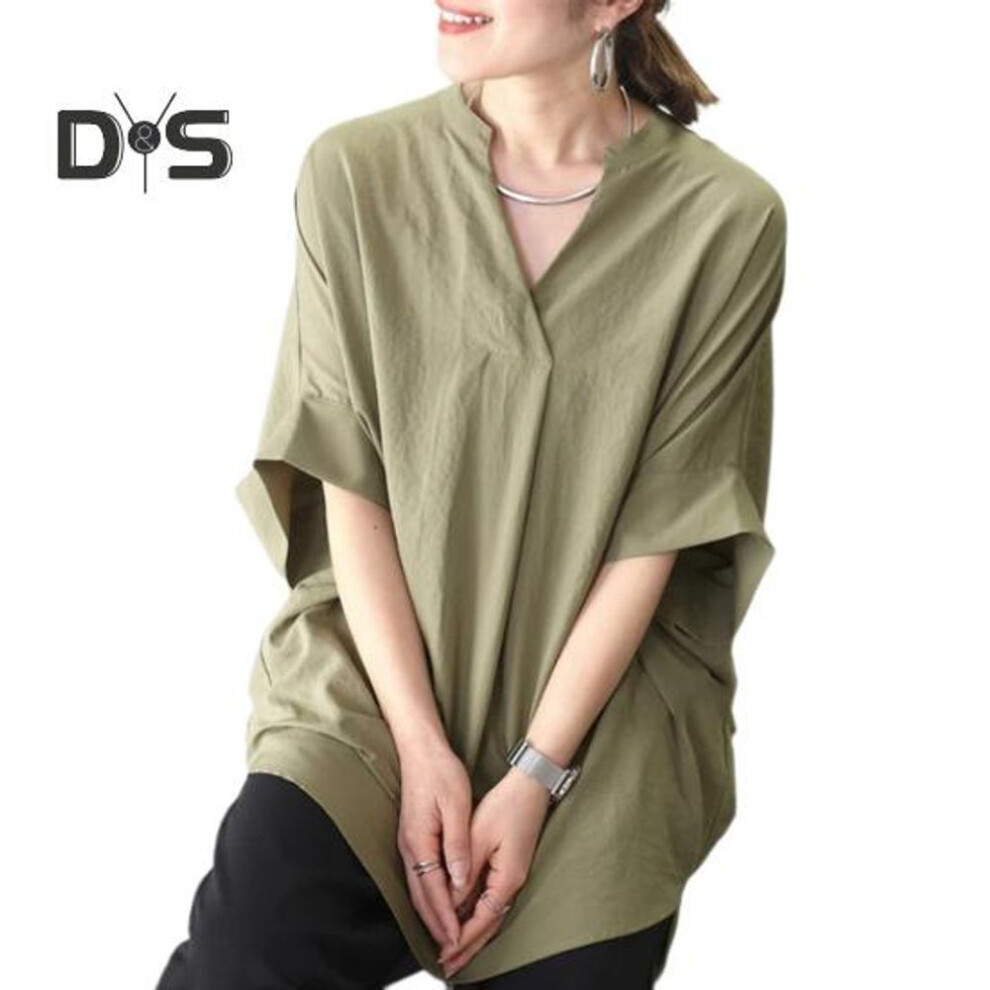 (green) Women Casual Shirt V-Neck Batwing Short Sleeve Loose Fit Pullover Tops Front Short Back Long Work Business Tops Street Wear