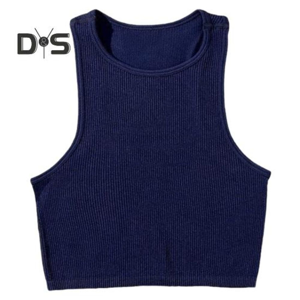 (XL, navy blue) Women Running Vest Round Neck Sleeveless Ribbed Cropped Tops Solid Color Slim Fit Short Style Yoga Tops