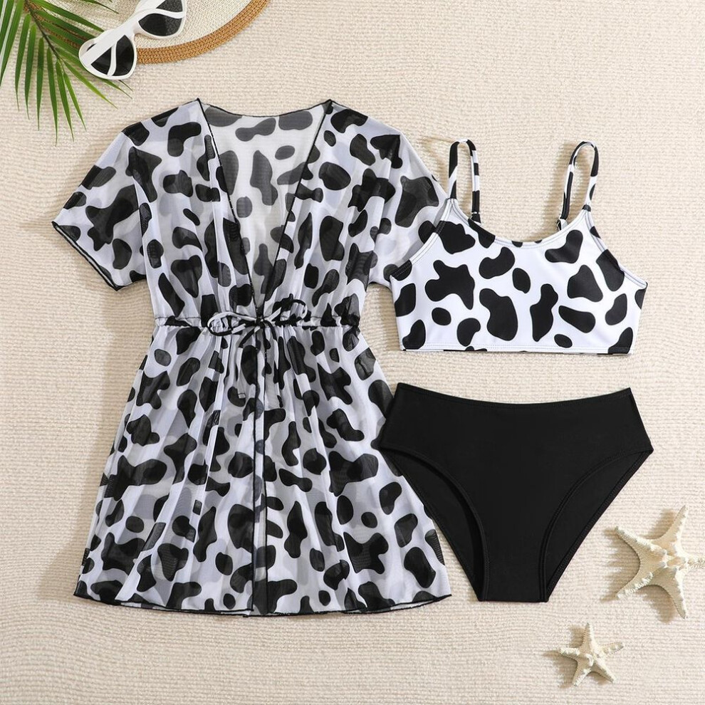 (110, black) Girls' Fashion 3 Pieces Swimwear Set Floral Printed Tank Top Short Sleeves Lace Up Cover-up Swimsuit  Bathing Suit