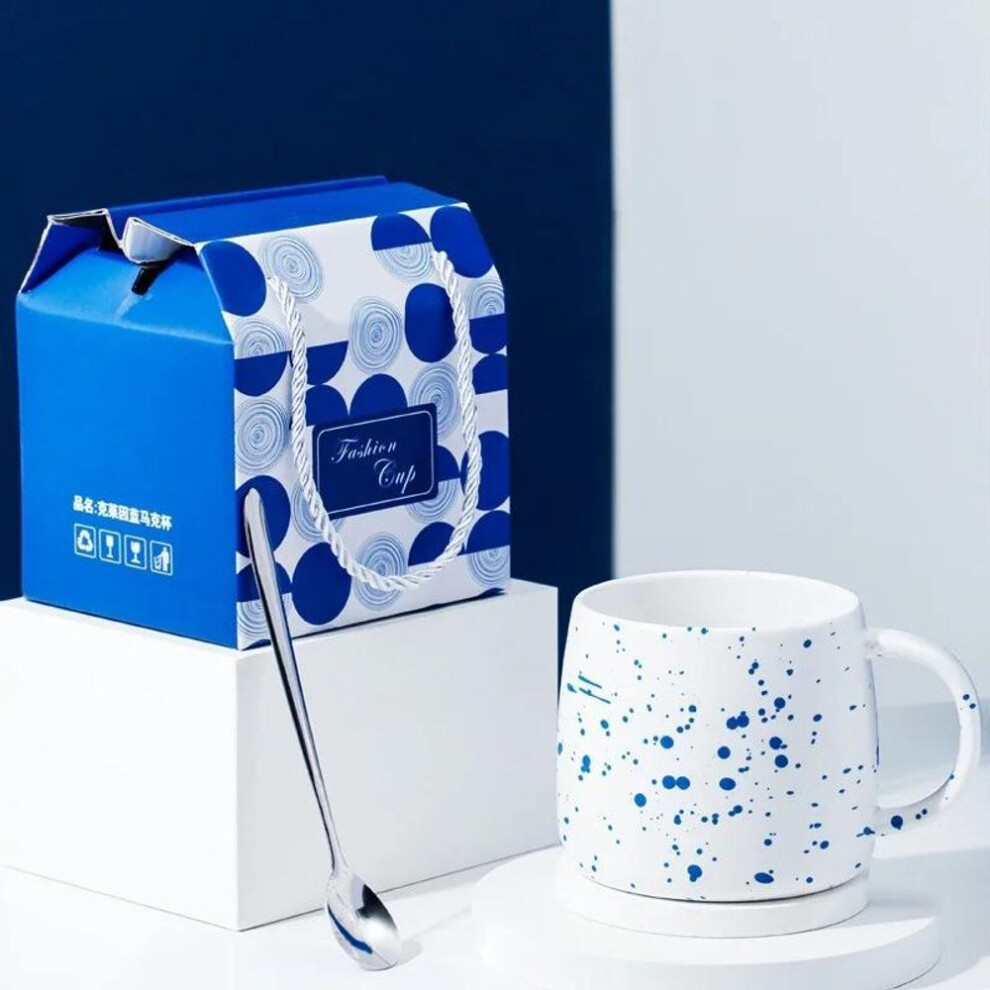 (as the picture, 500ml) 500ml Ceramic Mug Gift Package Blue Coffee Cup Creative design Splash ink Breakfast Oatmeal Cup Festival Gift Porcelain Mug