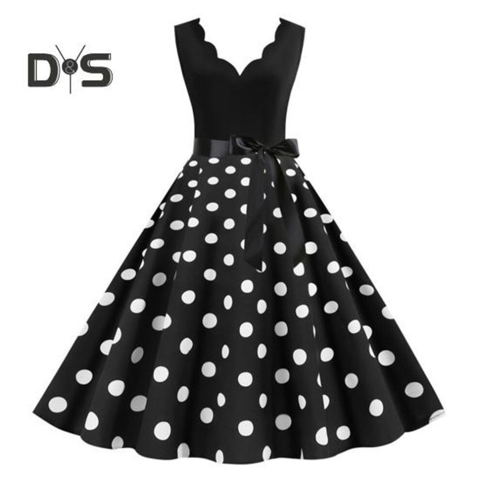 (black white, 3XL) Women Midi Dress Flower Edge V Neck Lace Up Tight High Waist Bow Decor Sleeveless A-line Loose Hem Dot Print Retro 50s 60s Lady Backless Prom Party