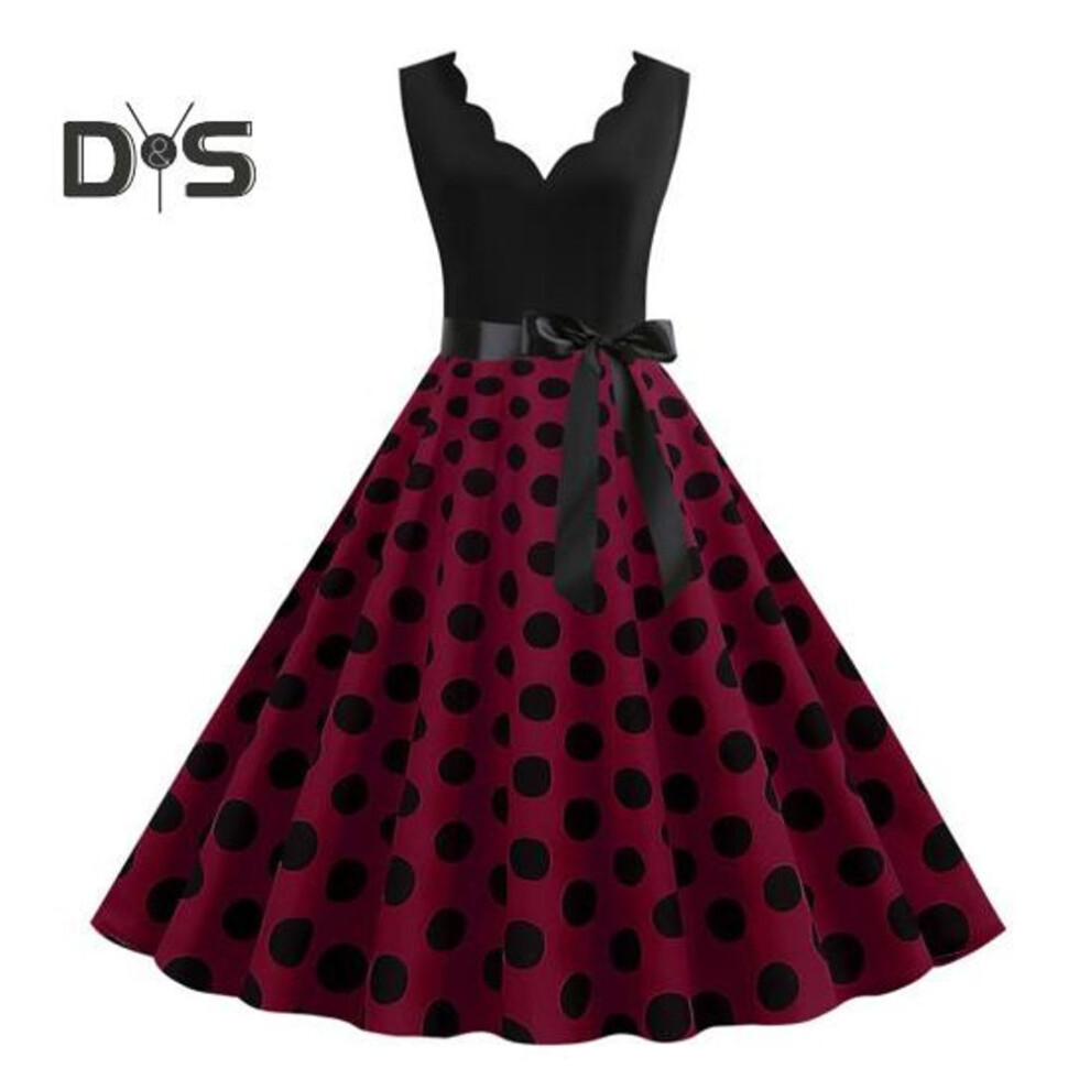 (wine red, XL) Women Midi Dress Flower Edge V Neck Lace Up Tight High Waist Bow Decor Sleeveless A-line Loose Hem Dot Print Retro 50s 60s Lady Backless Prom Party