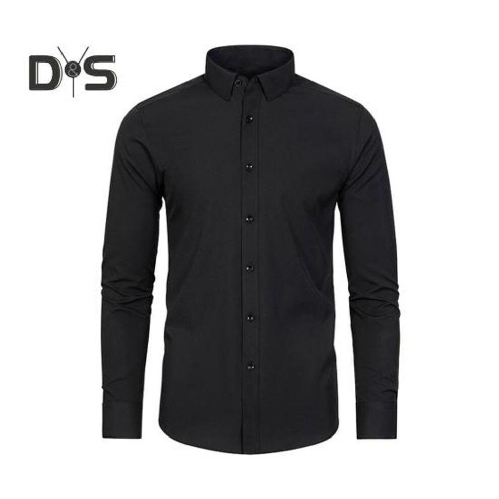 (XS, black) Men Spring Fall Dress Shirt Turn-down Collar Slim Fit Stretchy Single-breasted Long Sleeves Pure Color Mid Length Formal Business Event Office Top