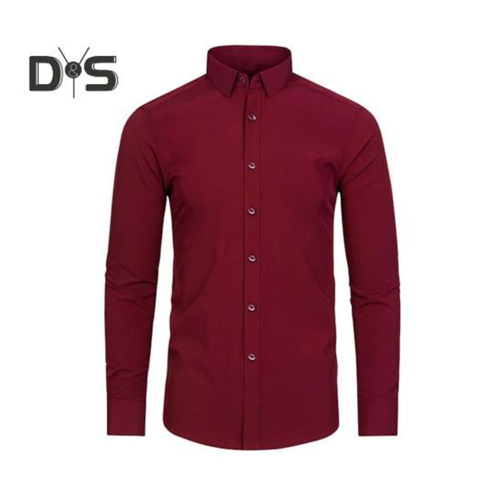 (M, wine red) Men Spring Fall Dress Shirt Turn-down Collar Slim Fit Stretchy Single-breasted Long Sleeves Pure Color Mid Length Formal Business Event Office Top