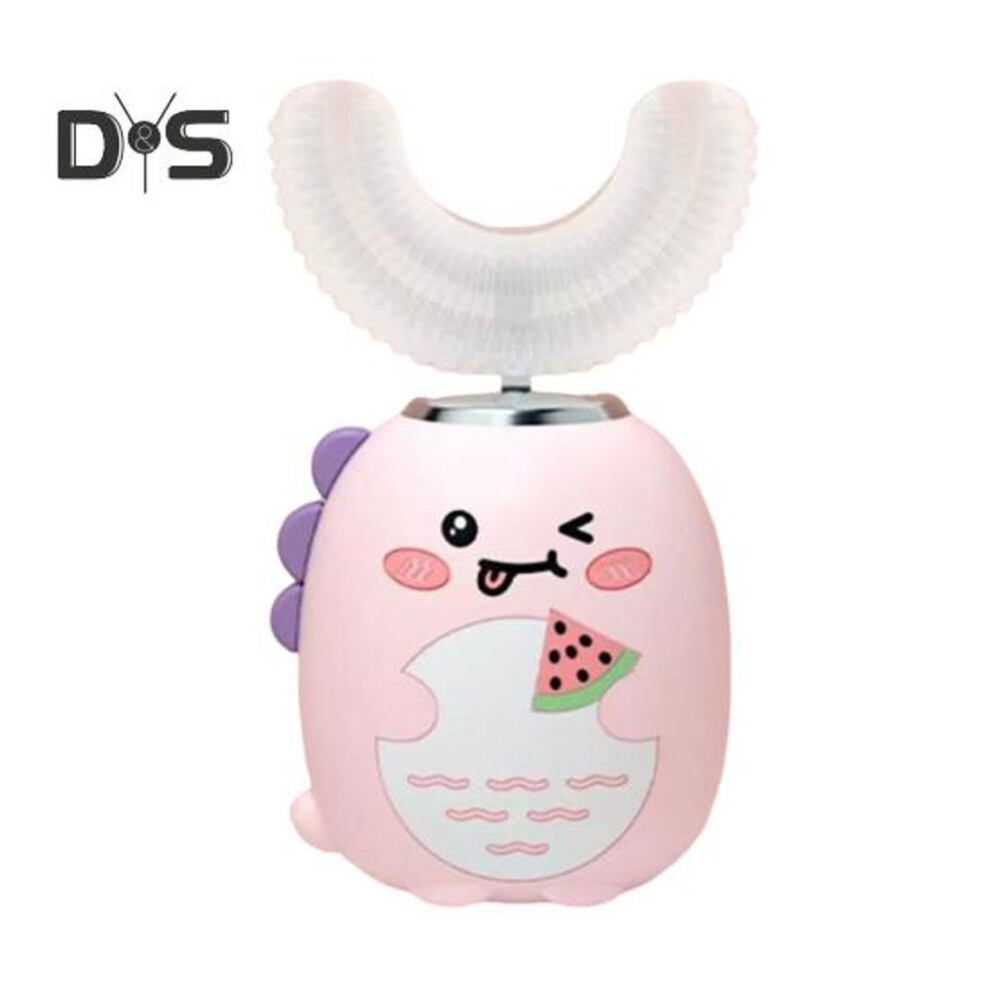 (pink) Kids U-shaped Electric Toothbrush Ipx7 Waterproof 2 Modes Adjustable 360 Degrees Cleaning Cartoon Dinosaur Toddlers Boys Girls Rechargeable