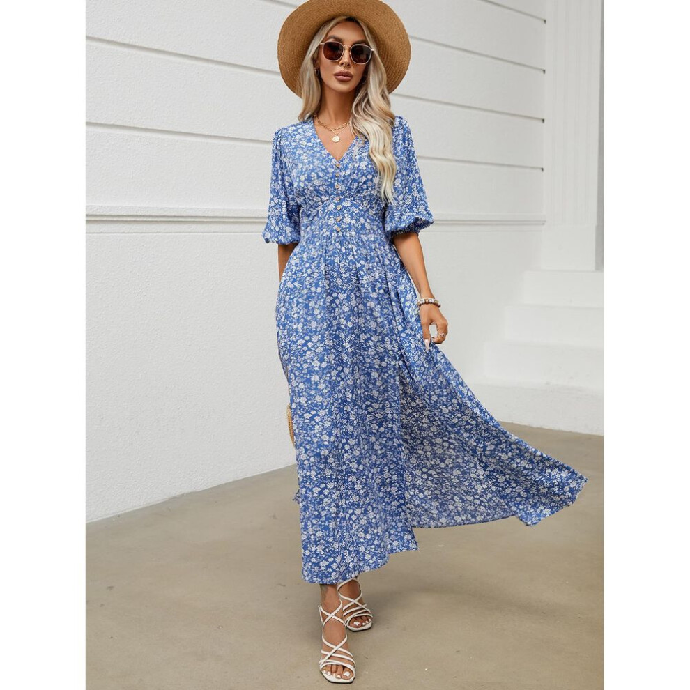 (royal blue, XL) Women Spring Short Lantern Sleeve Floral Print V-neck Dress Summer Casual A-line Ankle-length Elastic High Waist Slit Bohemian Beach Dresses