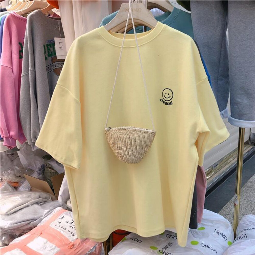 (L, yellow) Embroidered Korean Loose-Fit Women's T-Shirt, Short-Sleeved, Summer 2024 Trend, Large Size, Student Style.