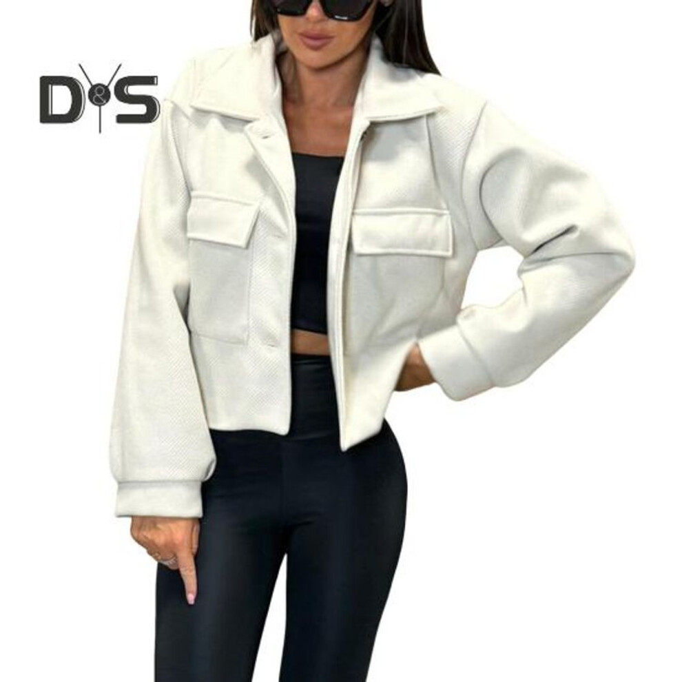 (white, XL) Fall Winter Women Jacket Turn-down Collar English Style Chest Pockets Windproof Outwear Single-breasted Solid Color Button Closure Commuting Daily