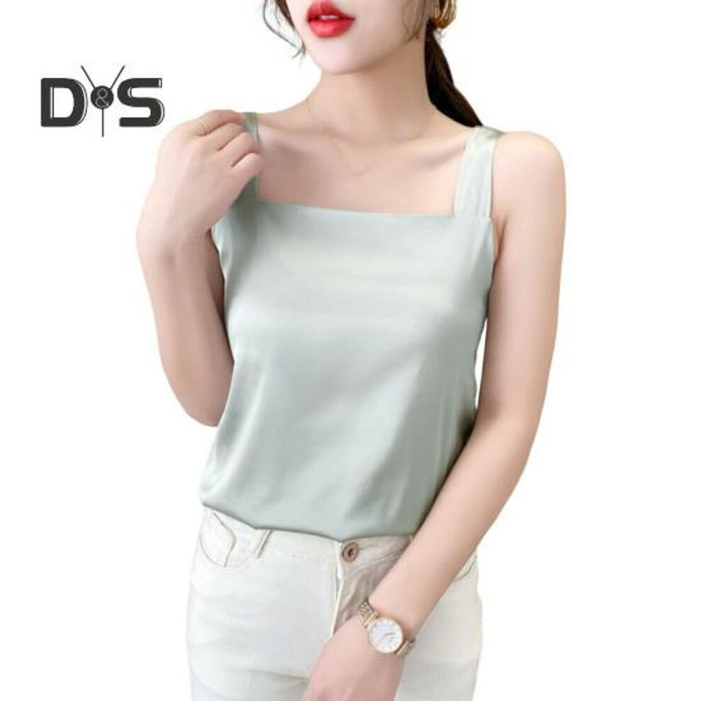 (M, green) Women Vest Square Collar Sleeveless Smooth Tank Tops Solid Color Breathable Casual Camisole Daily Wear
