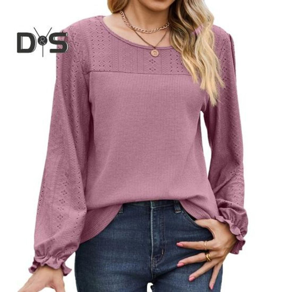 (L, brick red) Women Tops Round Neck Puff Long Sleeve Solid Color Tee Shirt With Waffle Decoration Solid Color Loose Fit T-shirt