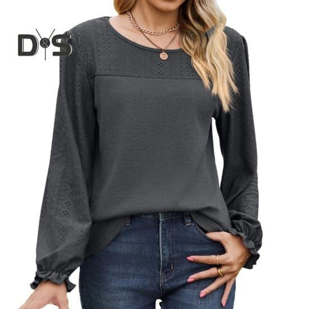 (XXL, grey) Women Tops Round Neck Puff Long Sleeve Solid Color Tee Shirt With Waffle Decoration Solid Color Loose Fit T-shirt