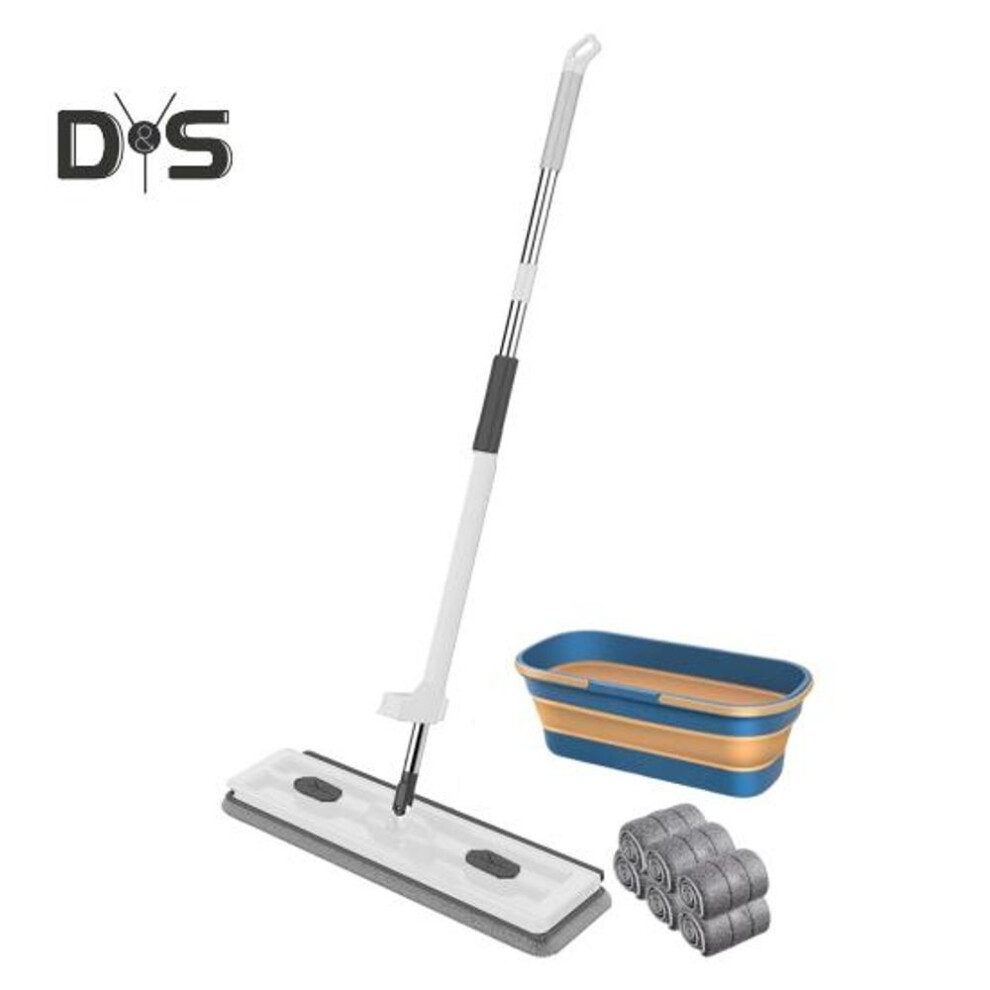 (white) Hand-free Mop Set with Bucket 6 Mop Cloth Stainless Steel Long Handle 360 Rotating Flat Mop Wet Dry Use Injectable Mop