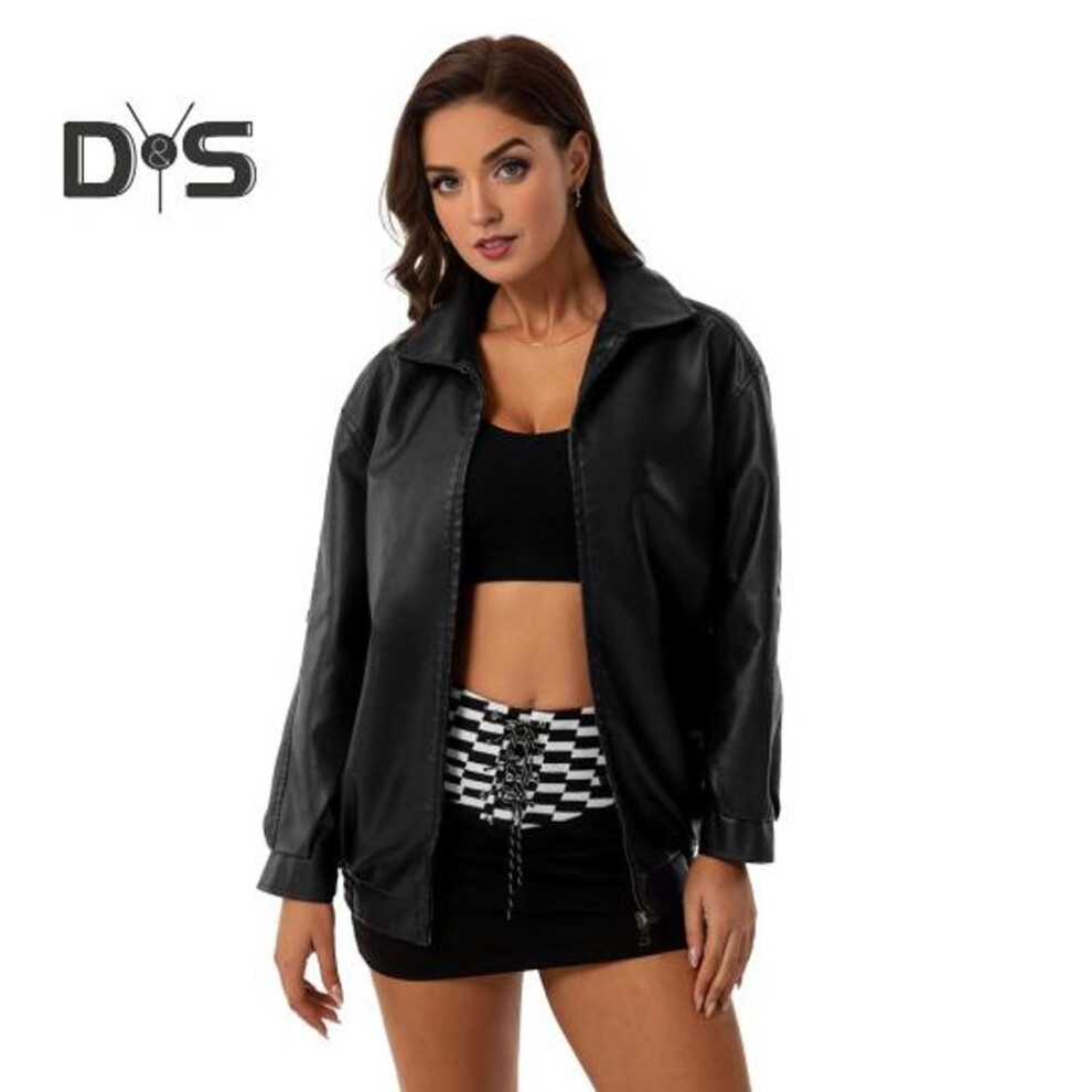 (black, XL) Women Winter Faux Leather Coat Zipper Long Sleeve Jacket with Lapel Solid Color And Pockets Boyfriend Motorcycle Streetwear