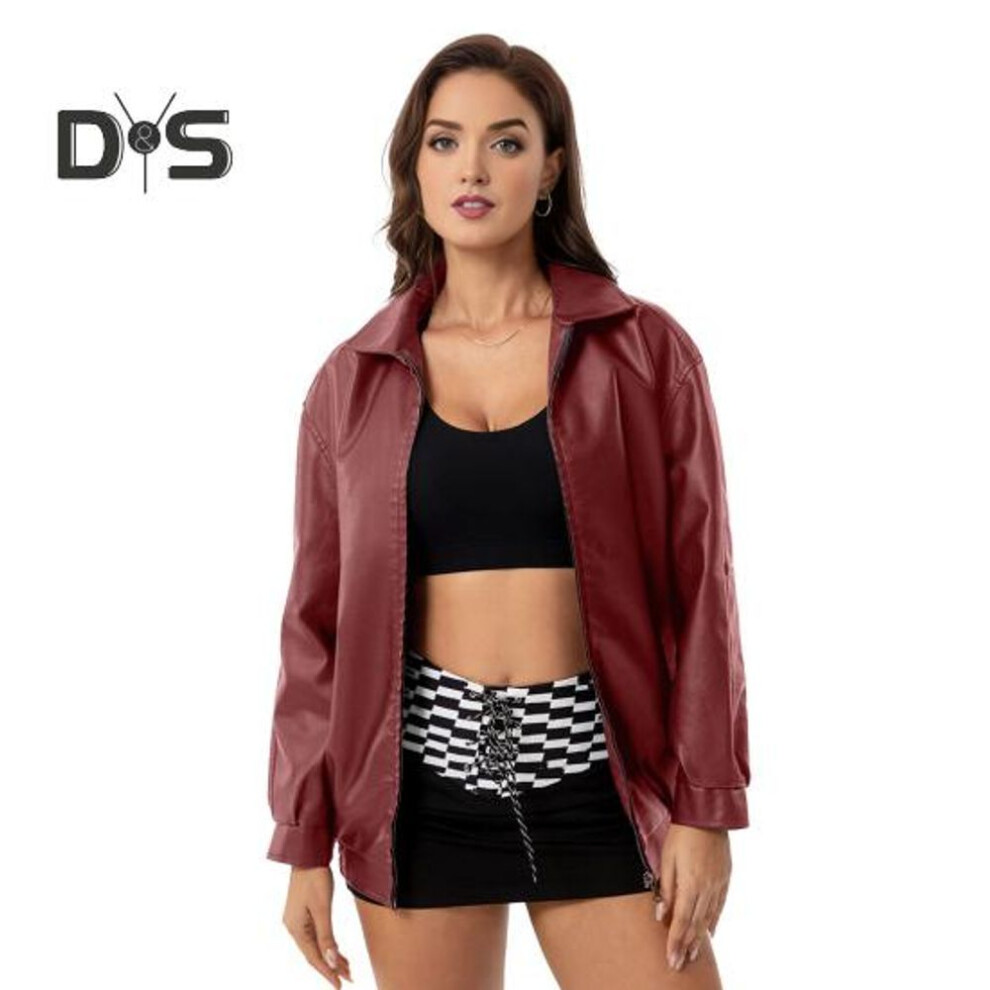 (wine red, M) Women Winter Faux Leather Coat Zipper Long Sleeve Jacket with Lapel Solid Color And Pockets Boyfriend Motorcycle Streetwear