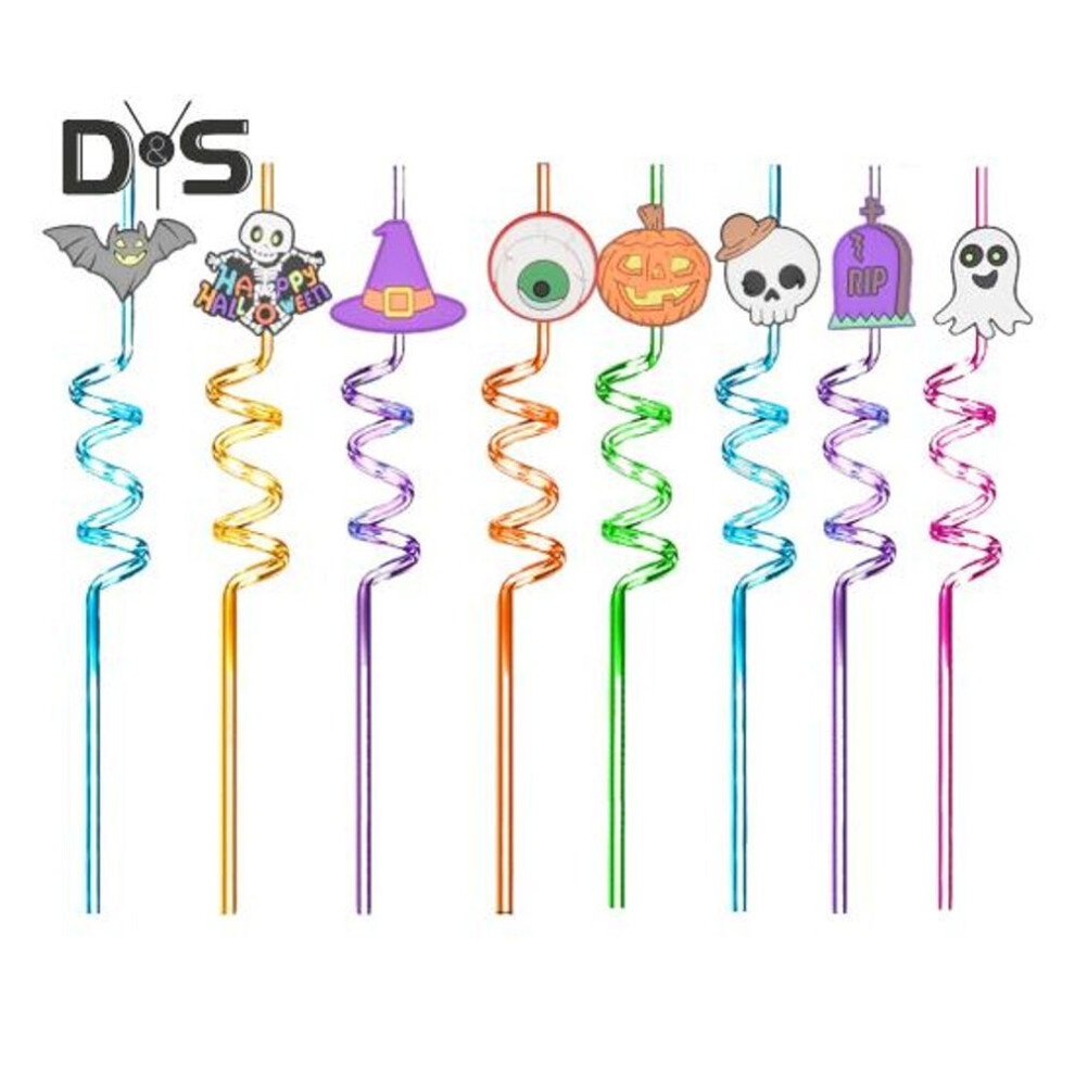 8Pcs Halloween Reusable Drinking Straws Children Spiral Beverage Straw for Hot Cold Drinks Birthday Party