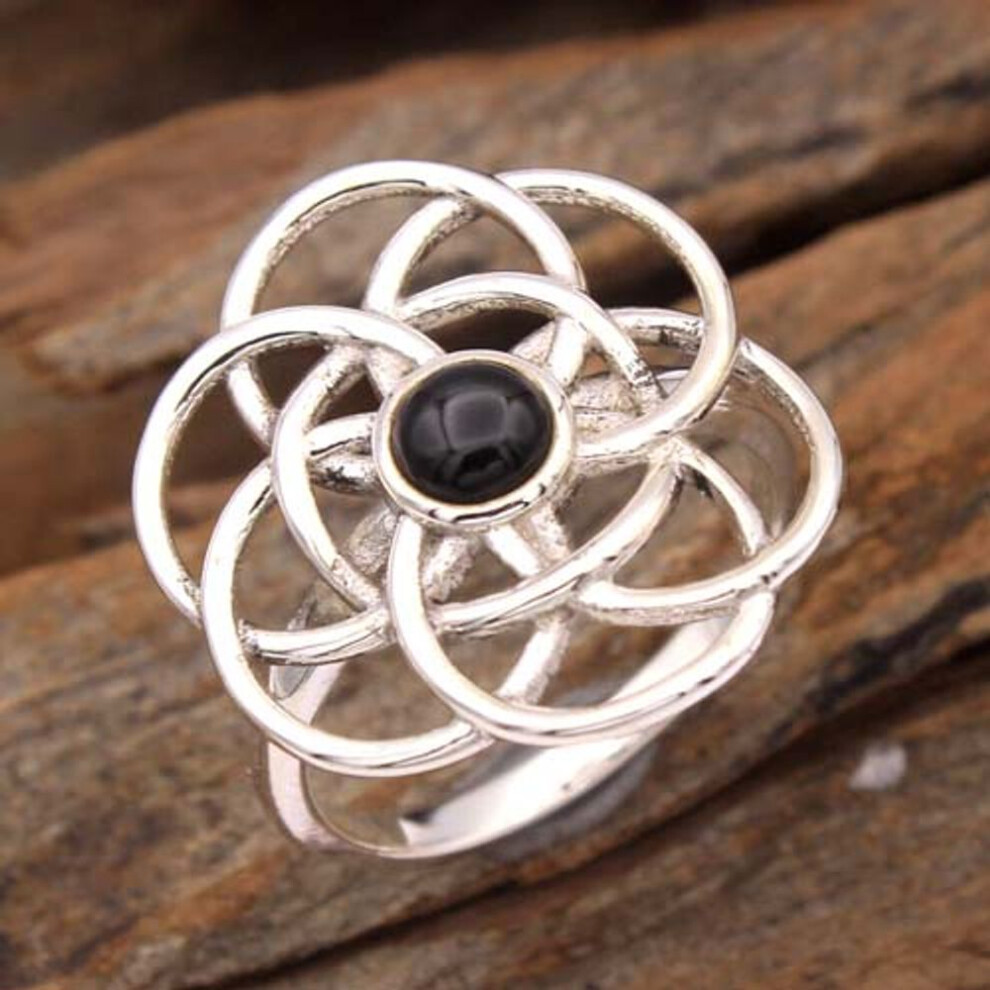 (black, 6.5) Flower Ring, Black Onyx Jewelry, Silver Charm Ring, Silver Jewelry