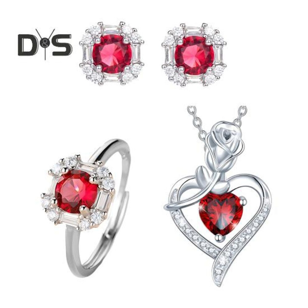 Red Zircon Love Heart Jewelry Set Rhinestone Necklace Stud Earrings Ring Set Romantic Accessories For Birthday Valentine's Day Gift