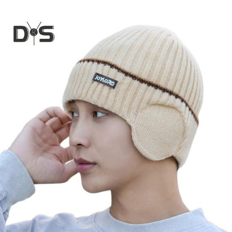 (beige) Winter Men Knitted Hat Stretchable Thickened Solid Color Beanie With Ear Protection Earflaps Warm Daily Wear Cap Outdoor Skiing Skating Headwear