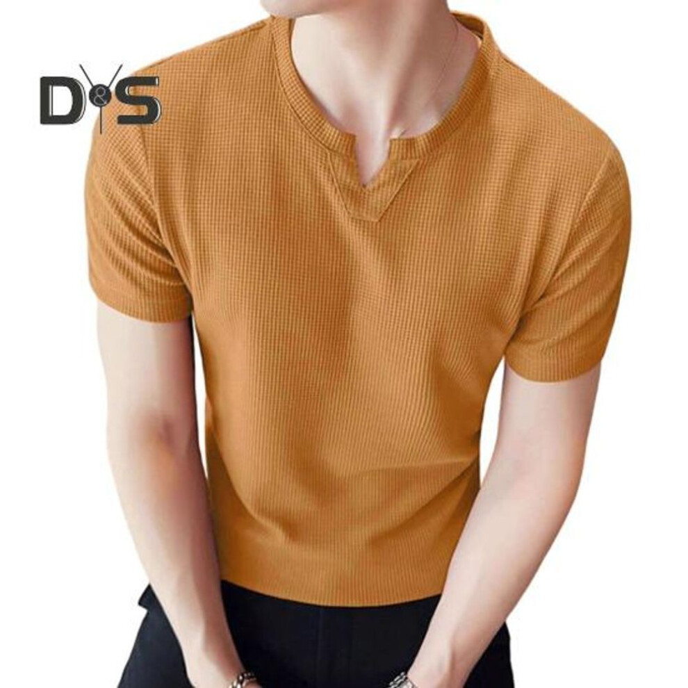 (orange, XXL) Men's Waffle V-neck T-shirt Solid Color Casual Tee Shirt Summer Short-sleeved Pullover Top For Daily Outings Home Gym Street Wear