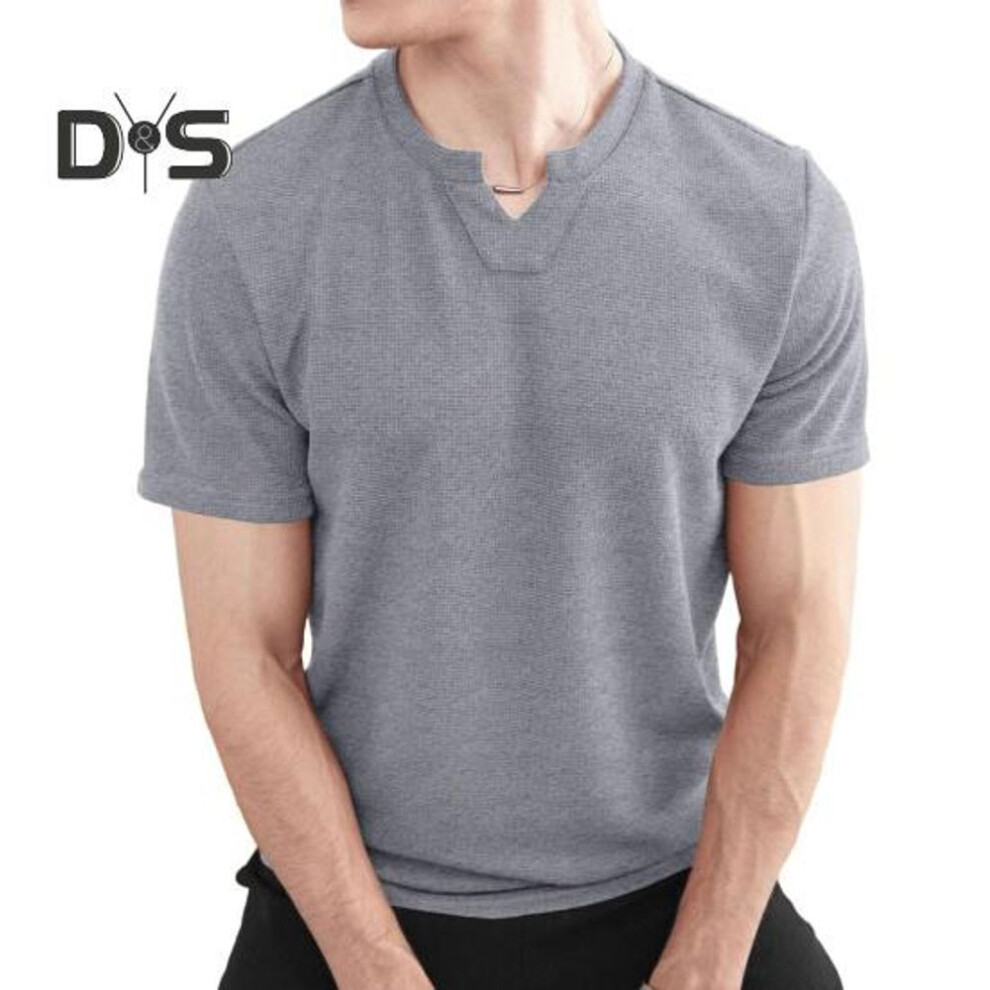 (light grey, S) Men's Waffle V-Neck T-Shirt Solid Color Casual Tee Shirt Summer Short-Sleeved Pullover Top for Daily Outings Home Gym Street Wear