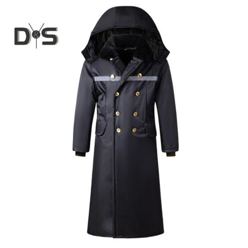 (black, L) Men Jacket Hooded Long Sleeve Double Breasted Winter Coat Thickened Removable Velvet Lining Windproof Waterproof Mid-length Jacket