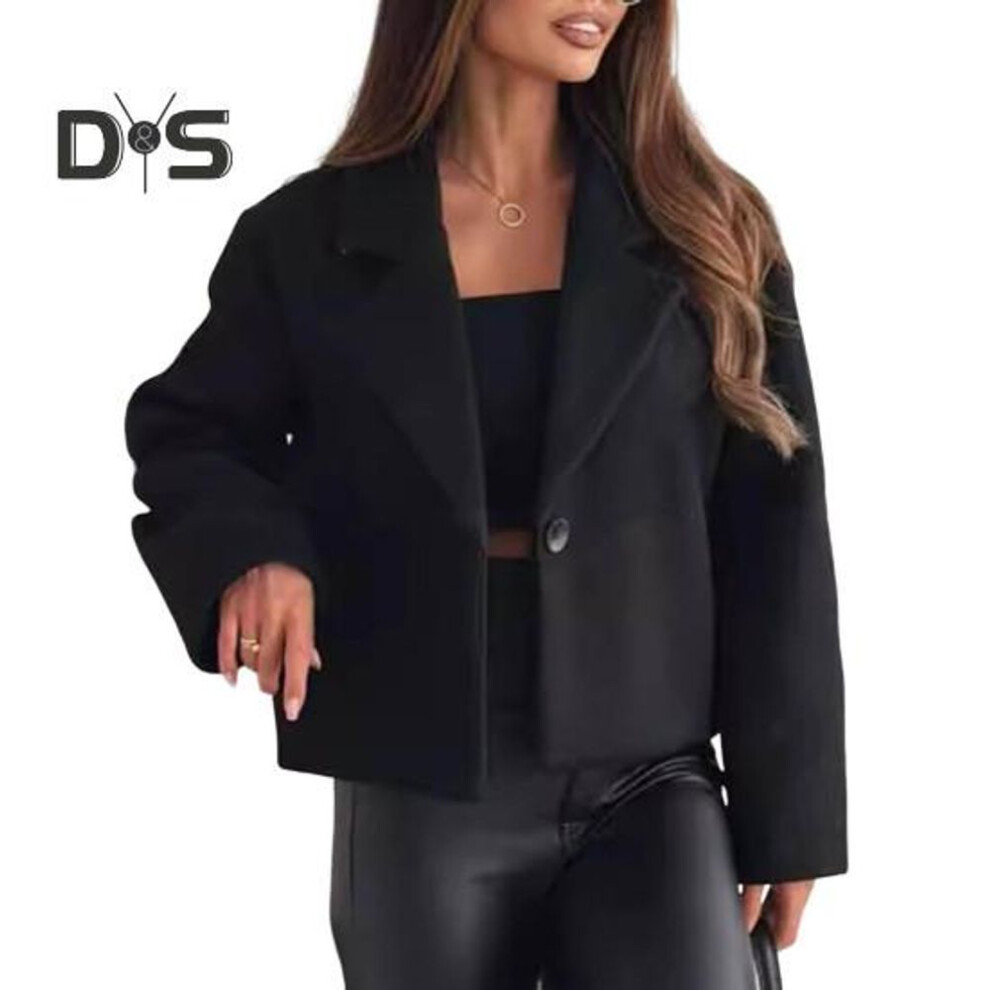 (black, XL) Women Woolen Jacket Turn-down Collar Solid Color Single Button Closure Coat Loose Short Type Thermal Long Sleeved Commuting Dating Spring Fall Winter