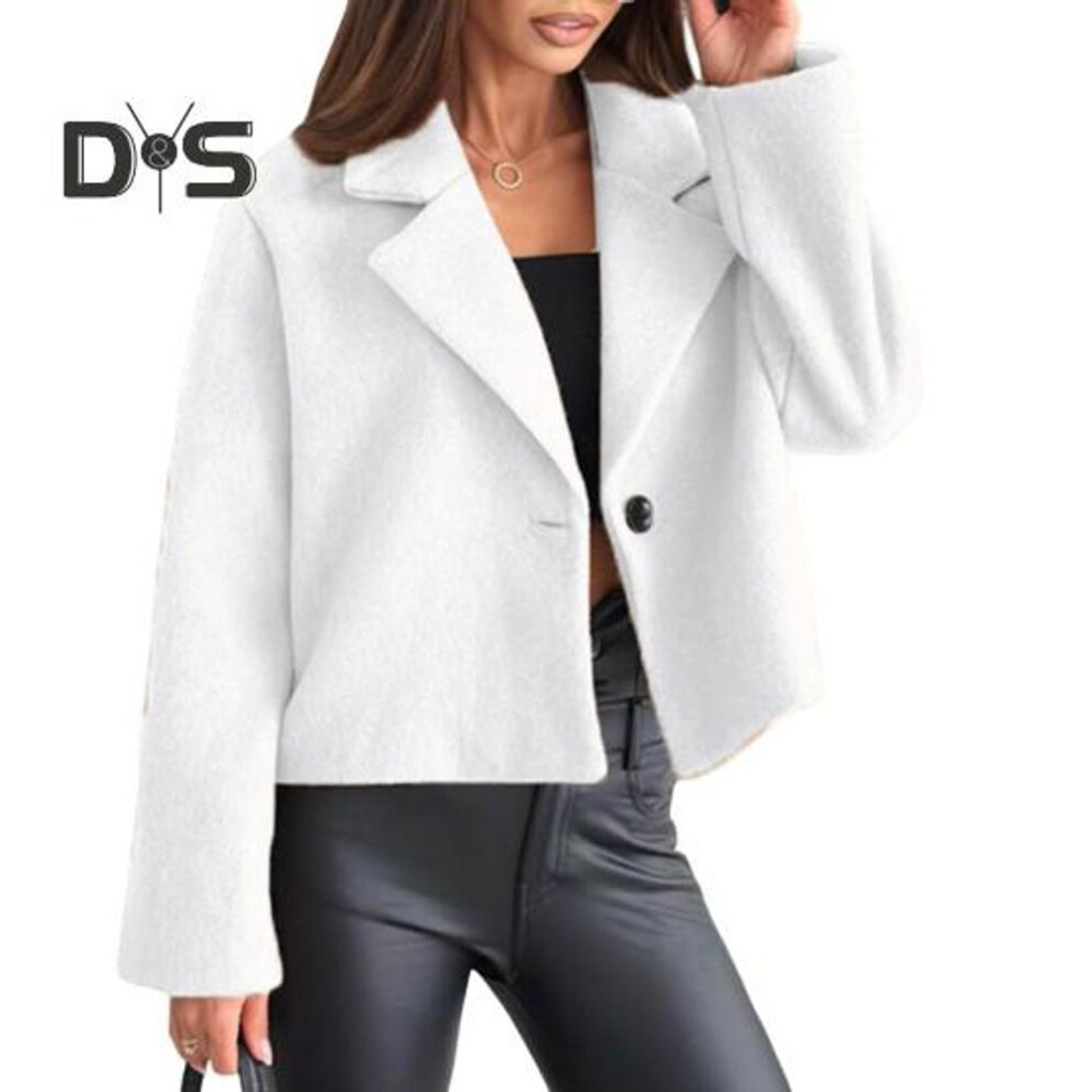 (white, S) Women Woolen Jacket Turn-down Collar Solid Color Single Button Closure Coat Loose Short Type Thermal Long Sleeved Commuting Dating Spring Fall Winter