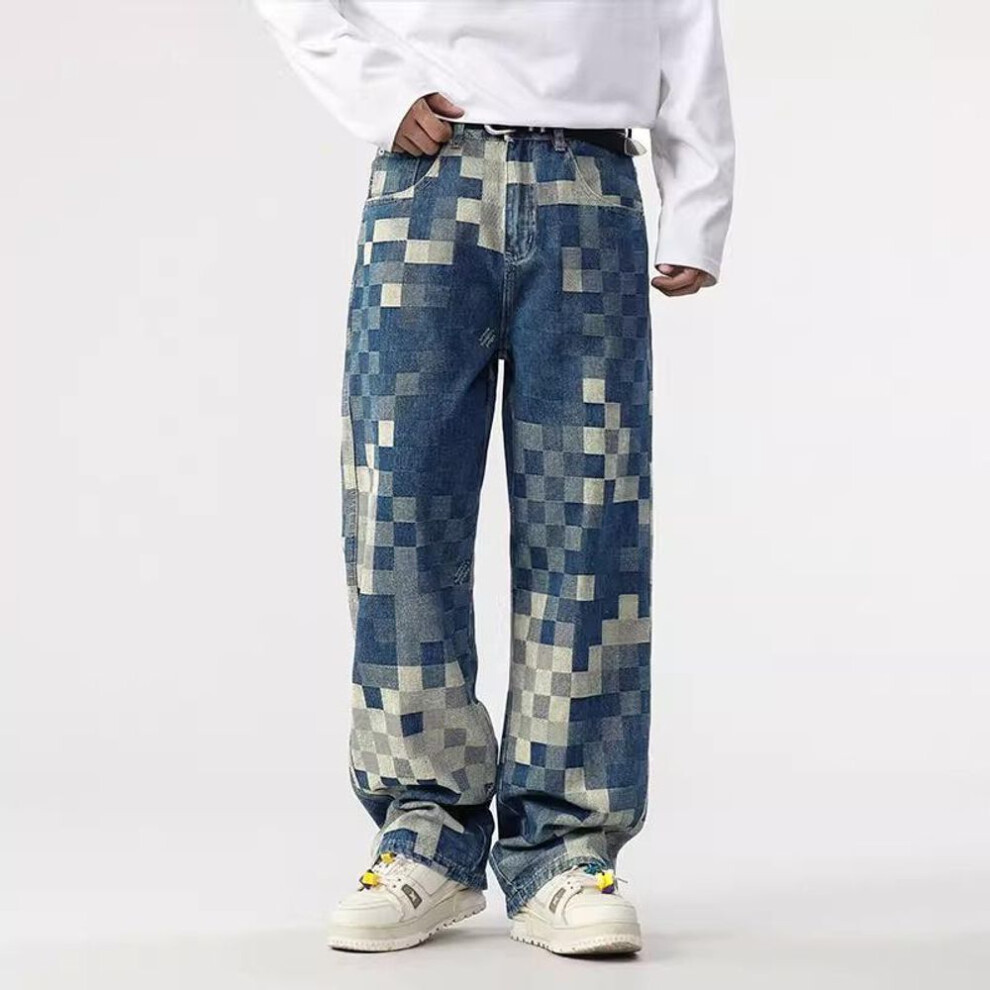 (2XL) Autumn 2024 Men's Checkerboard Wide-Leg Mosaic Jeans