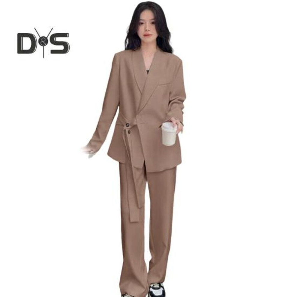 (khaki, L) Women Suit Coat Lapel Long Sleeve Side Button Lace-up Suit Jacket Solid Color Loose Fit Pockets Business Outwear