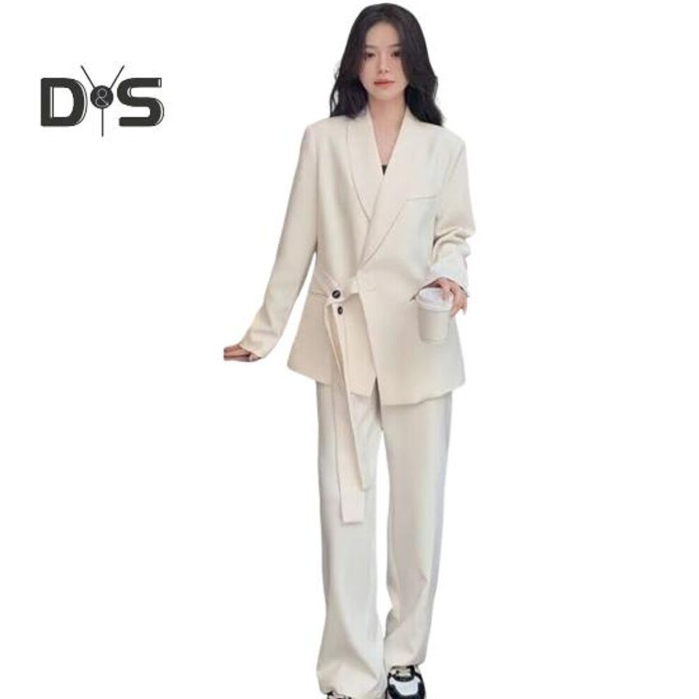 (beige, 3XL) Women Suit Coat Lapel Long Sleeve Side Button Lace-up Suit Jacket Solid Color Loose Fit Pockets Business Outwear