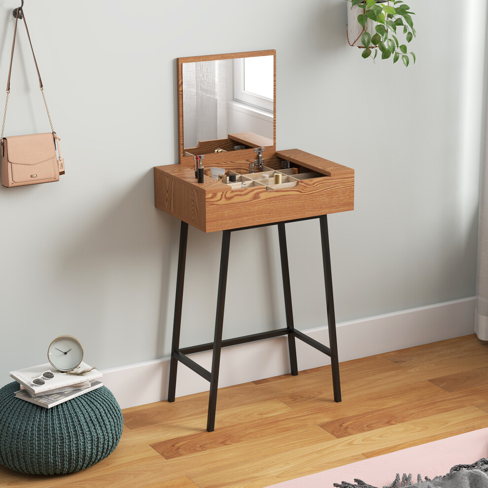 Homcom Industrial Vanity Desk With Mirror And Steel Legs Natural Wood Effect