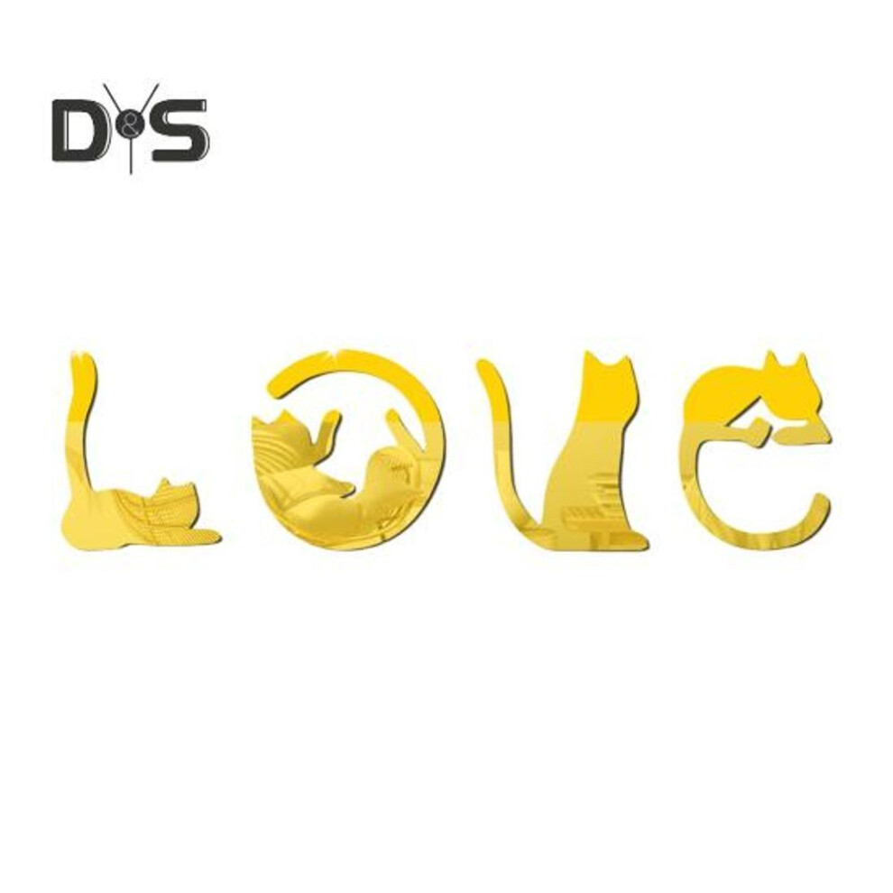 (golden) 4 Pcs Love Cat Letters Stickers Peel And Stick Mirror Cat Wall Sticker Self-adhesive Acrylic Mirror Wall Art Decal For Living Room Bedroom Nursery