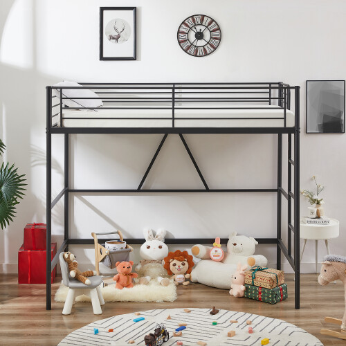 Metal Loft Bunk Bed, High Sleeper Bed with Safety Guardrail, Single Bed ...