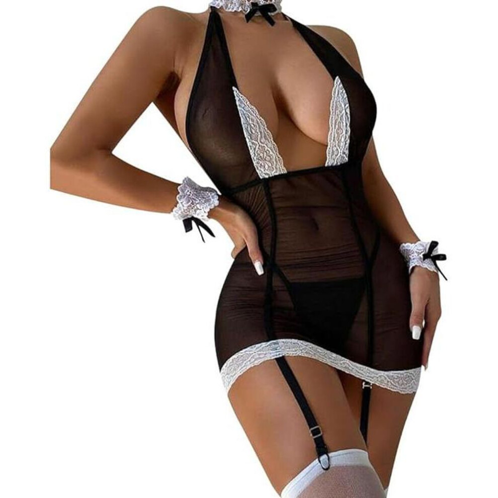 (black, S) Women Sexy Lingerie Set Naughty Dress See Through Lingerie Suspenders Stockings Lace Mesh Bodysuit Dress Nightwear