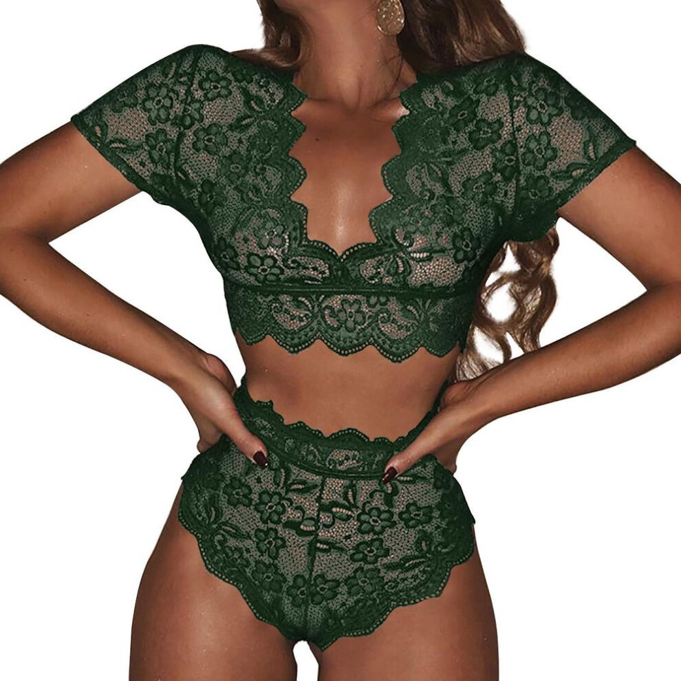 (Small, green) European & American Sexy Lace Hollow V-Neck Lingerie Blouse Set for Women