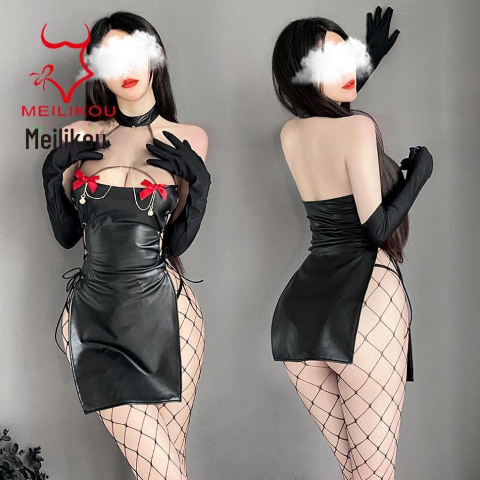 Sexy Lingerie Set: Bell Bow Leather Skirt with Mesh Chest Design - Nightclub Outfit for Women (6616)
