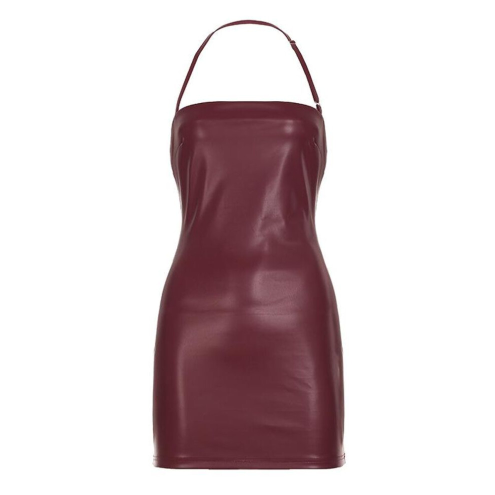(burgundy, S) Women's Nightclub-style Halter Neck Adjustable Leather Dress Spice Sexy Halter Waist Slimming Hip Wrap Short Dress
