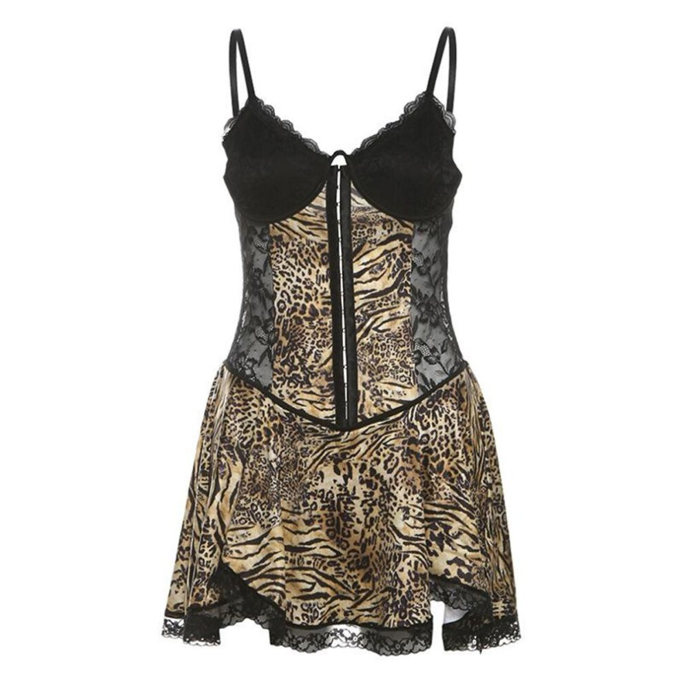 (brown, M) Autumn/winter Women's Sexy Backless Slim See-through Lace Leopard-print Splicing Halter Short Dress