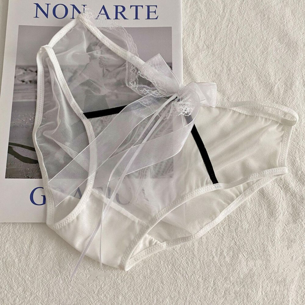 (white, One Size (80~120)) Low Waist Translucent Mesh Briefs With Ribbon Lace Bow