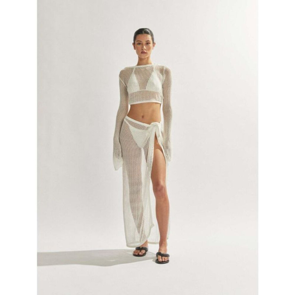 (white, S) Ladies Sexy Suit Summer New See-through Short Backless Long-sleeved Top High Open Fork Half-body Long Skirt Knitwear