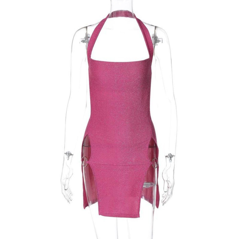 (rose red, M) Sexy Spice Style Short Dress Spring Women's Halter Split Bright Silk Wrap Buttock Dress