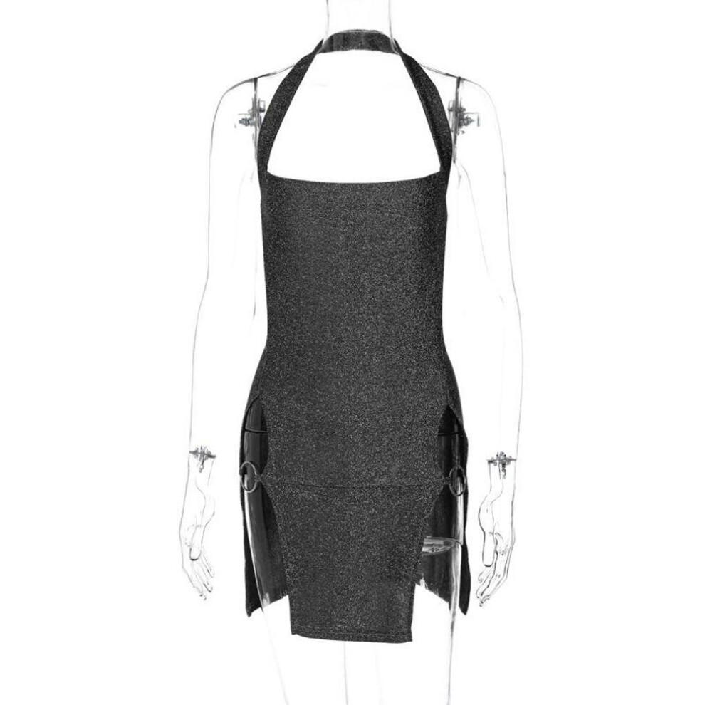 (gray, M) Sexy Spice Style Short Dress Spring Women's Halter Split Bright Silk Wrap Buttock Dress
