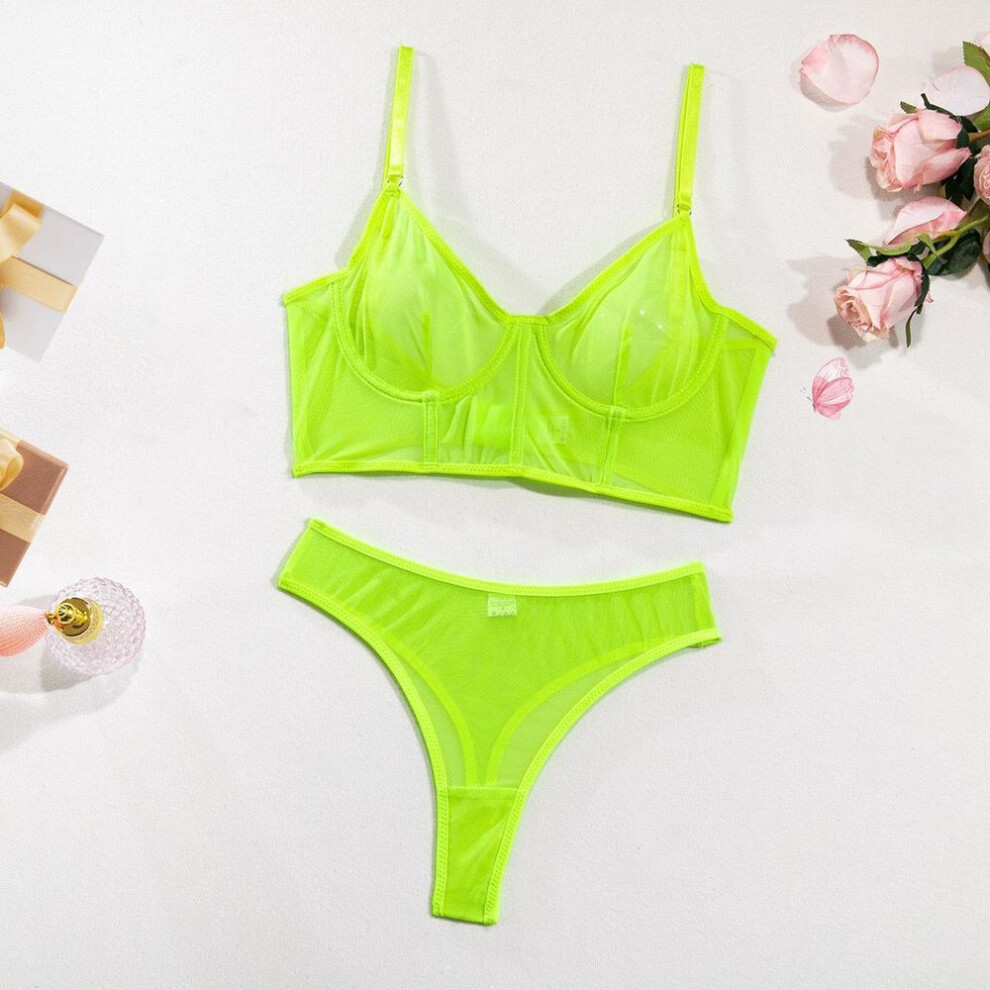 (Small, neon green) Hot-Selling Sexy Mesh Lingerie Set with Steel Support and Fishbone Design
